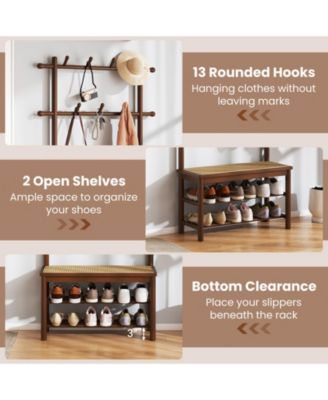 Bamboo Coat Rack with Bench Shoe Storage 2 Hanging Rods 11 Hanging Hooks Shelves