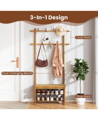 Bamboo Coat Rack with Bench Shoe Storage 2 Hanging Rods 11 Hanging Hooks Shelves