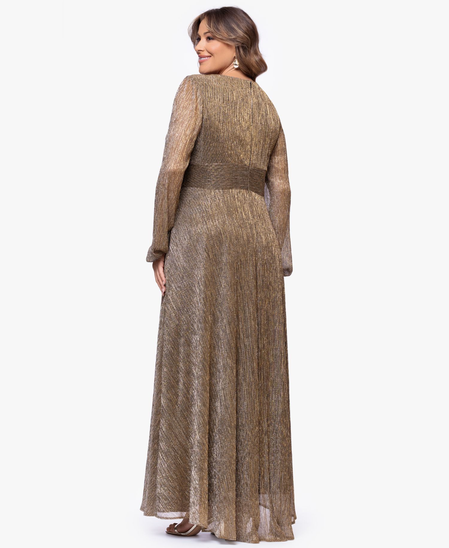 Plus Metallic V-Neck Long-Sleeve Gown