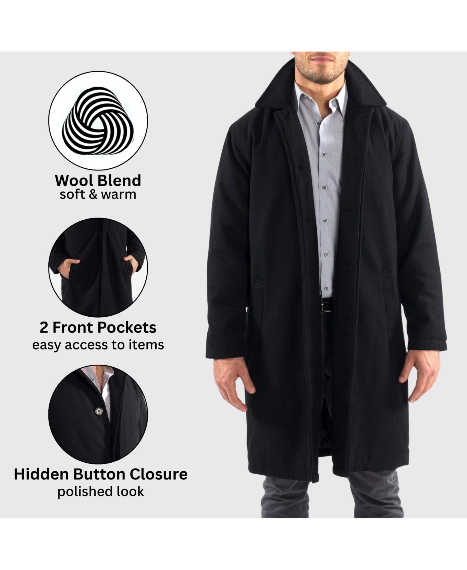 Men's Zach Men s Wool Blend Overcoat - Knee-Length Trench Coat, Runs Large for Layering Over Suits or Sweaters