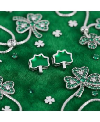Set of 2 Good Luck Lucky Irish Shamrock Enamel Green Clover Charm Bead Sterling Silver Fits European Bracelet