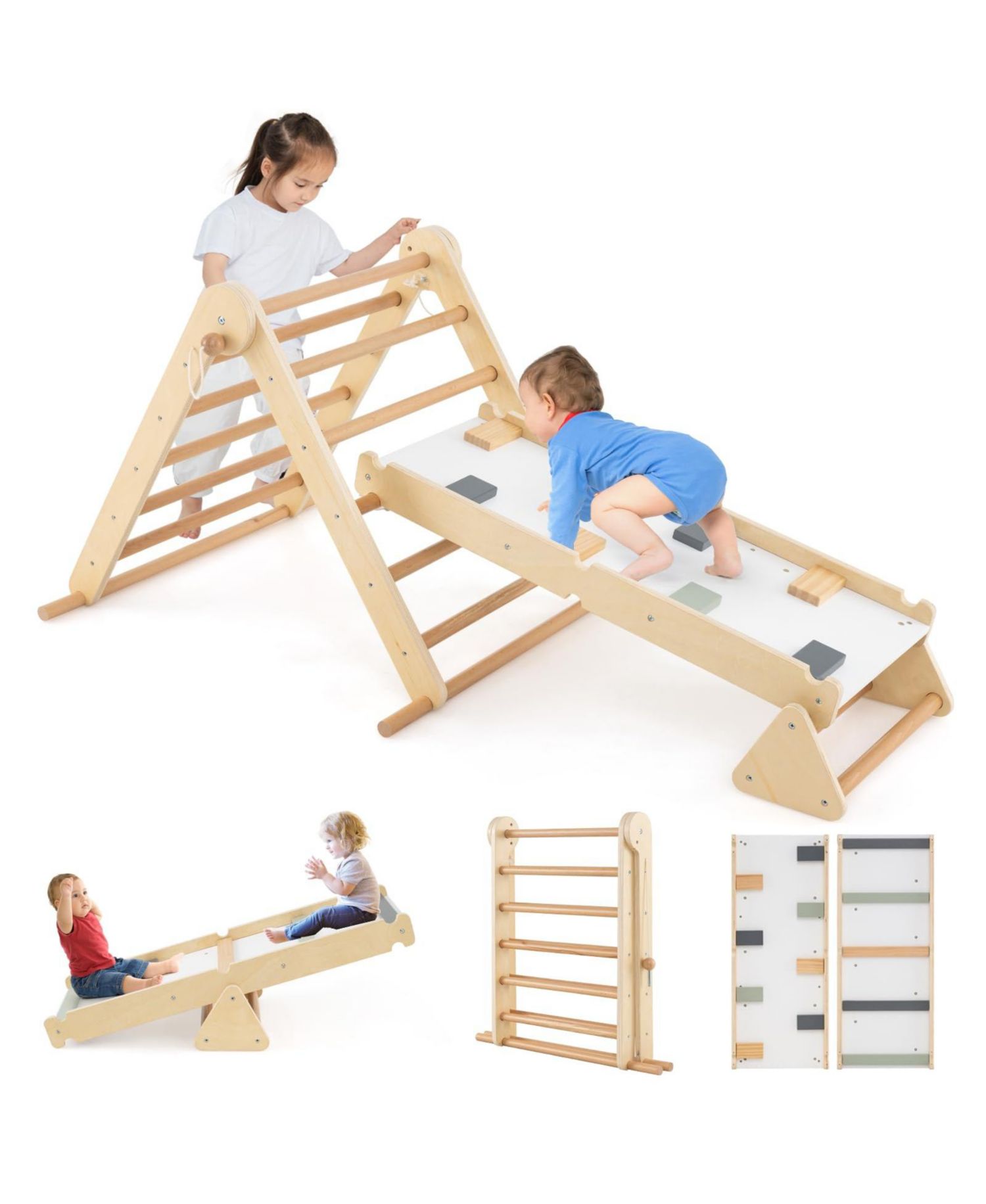Ages 3+ 3-in-1 Pikler Triangle Adjustable Foldable Climbing Set, 3-Piece Set