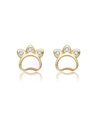 14K Gold Plated with White Mother Of Pearl & Clear Cubic Zirconia Paw Design Stud Earrings For Kids