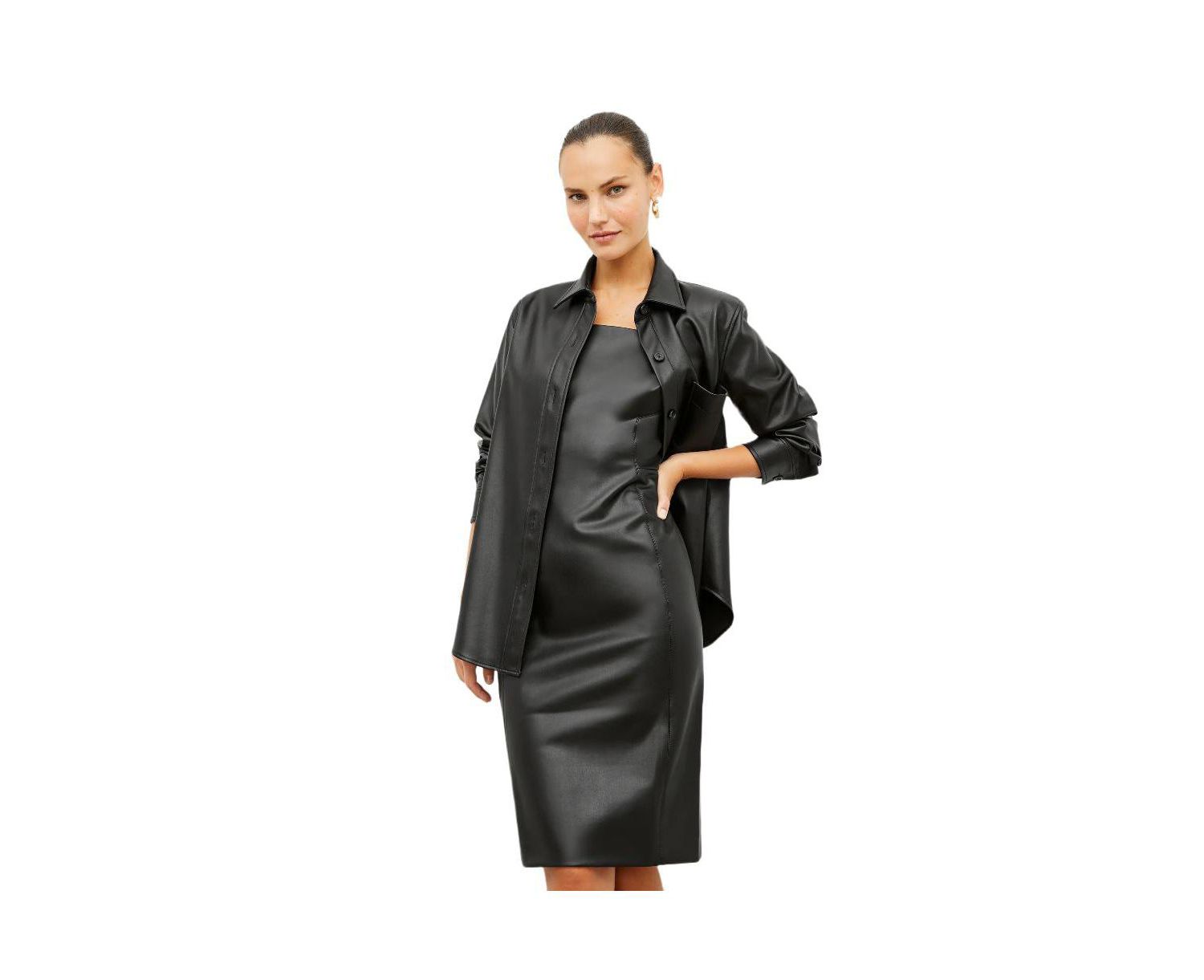 Women's Elbow Sleeves and Square Neckline Faux Leather Sheath Dress