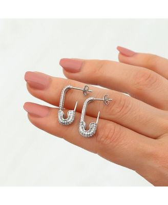 Women's Pave Stud Safety Pin Earring Jewelled Sterling Silver