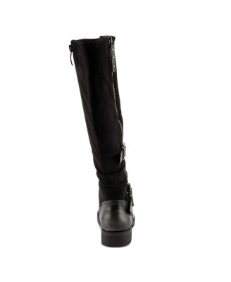 Women's Misdreavus Metallic Burnished Tall Boot with Dual Buckles and Extended Calf Fit