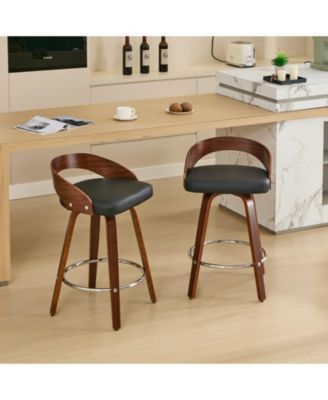 Set of 2 Swivel Wood Bar Stools with Low Back and Cushioned Seat