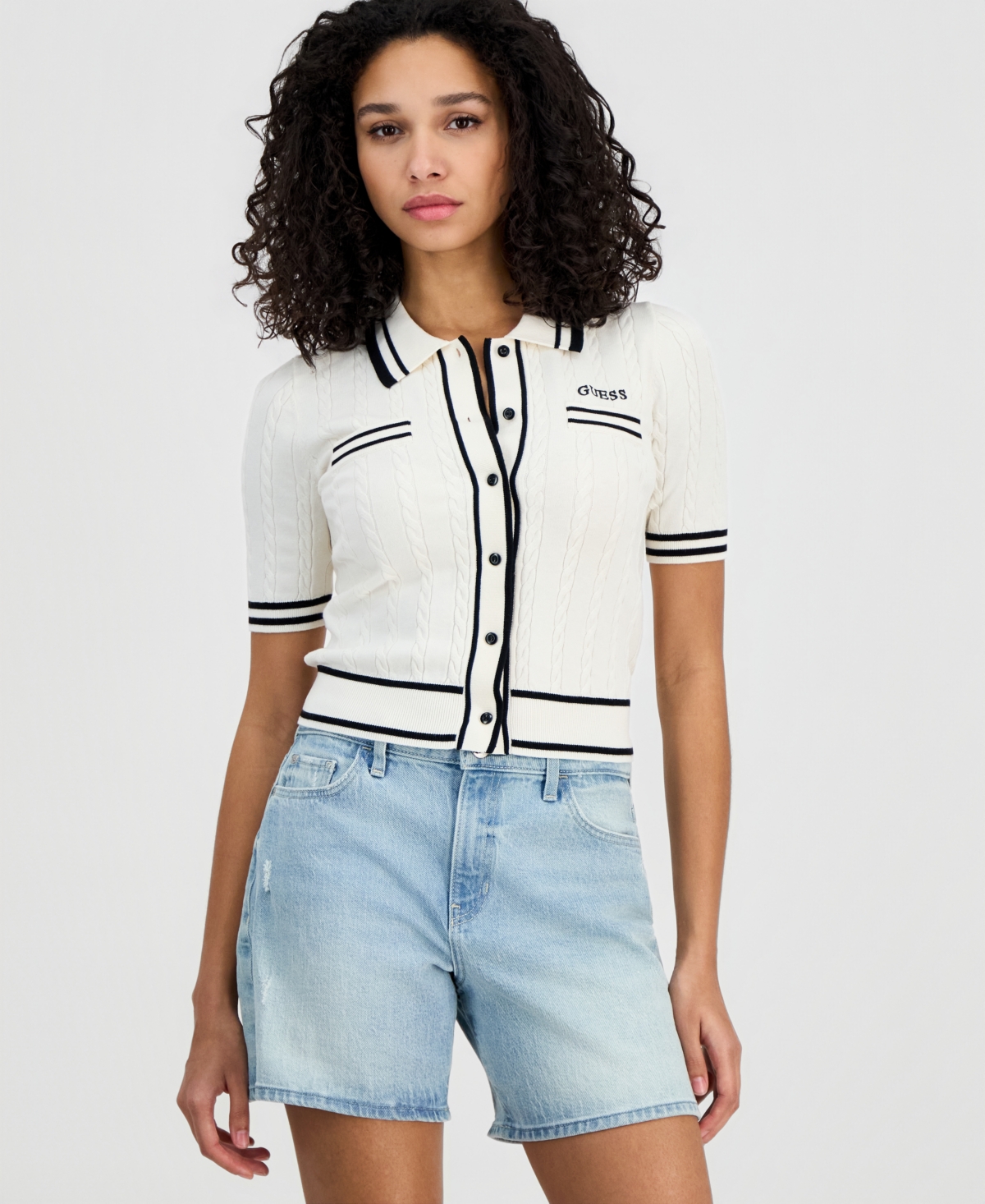 Guess Women's Shari Polo Short-Sleeve Cable Knit Cardigan