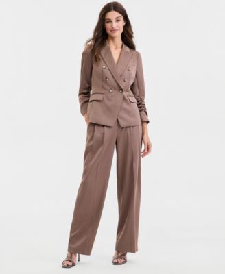 Women's Matte Satin Double-Breasted Scrunch-Sleeve Jacket & Pleat-Front Wide-Leg Pants