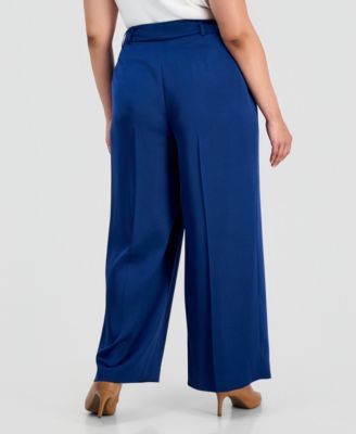 Plus Size Pleat-Front Wide-Leg Satin Pants