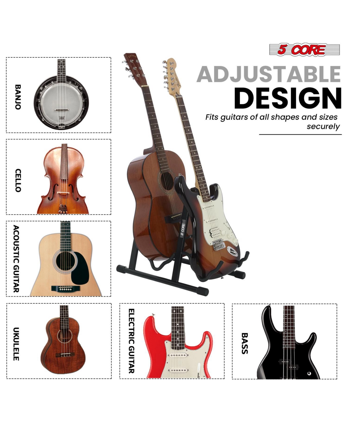 5 Core Double Guitar Stand Floor Adjustable A Frame Folding Acoustic Electric Guitars Holder Stands Gss 2N1 Blk