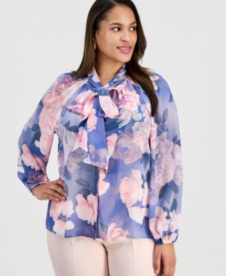 Plus Size Printed Ruffle-Tie Long-Sleeve Blouse