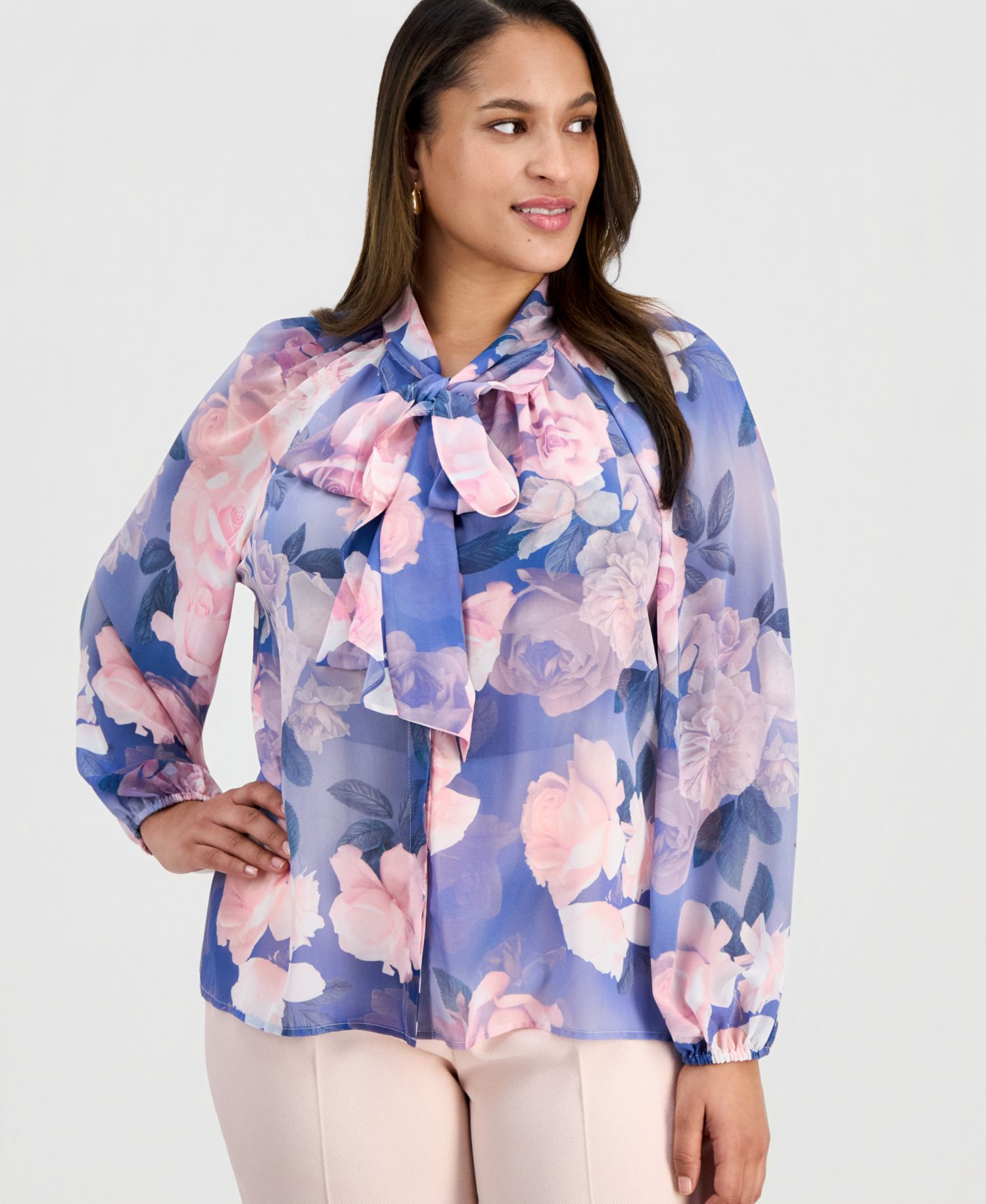 ASL Plus Tie-Neck Blouson-Sleeve Blouse