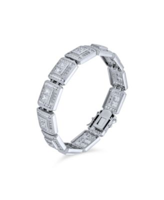 Heavy Iced-Out CZ Cubic Zirconia Big Square Link Statement Bracelet Silver Plated