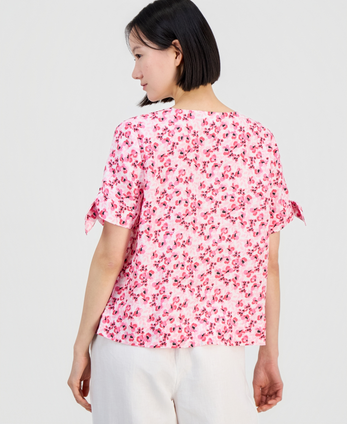 Charter Club Women's 100% Linen Tile Tie-Cuff Split-Neck Top, Macy's Exclusive