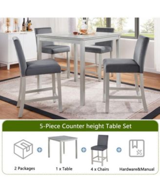 5-Piece Silver Grey Counter Height Crystal Accent Dining Set with Square Wood Table and 4 Upholstered Chairs