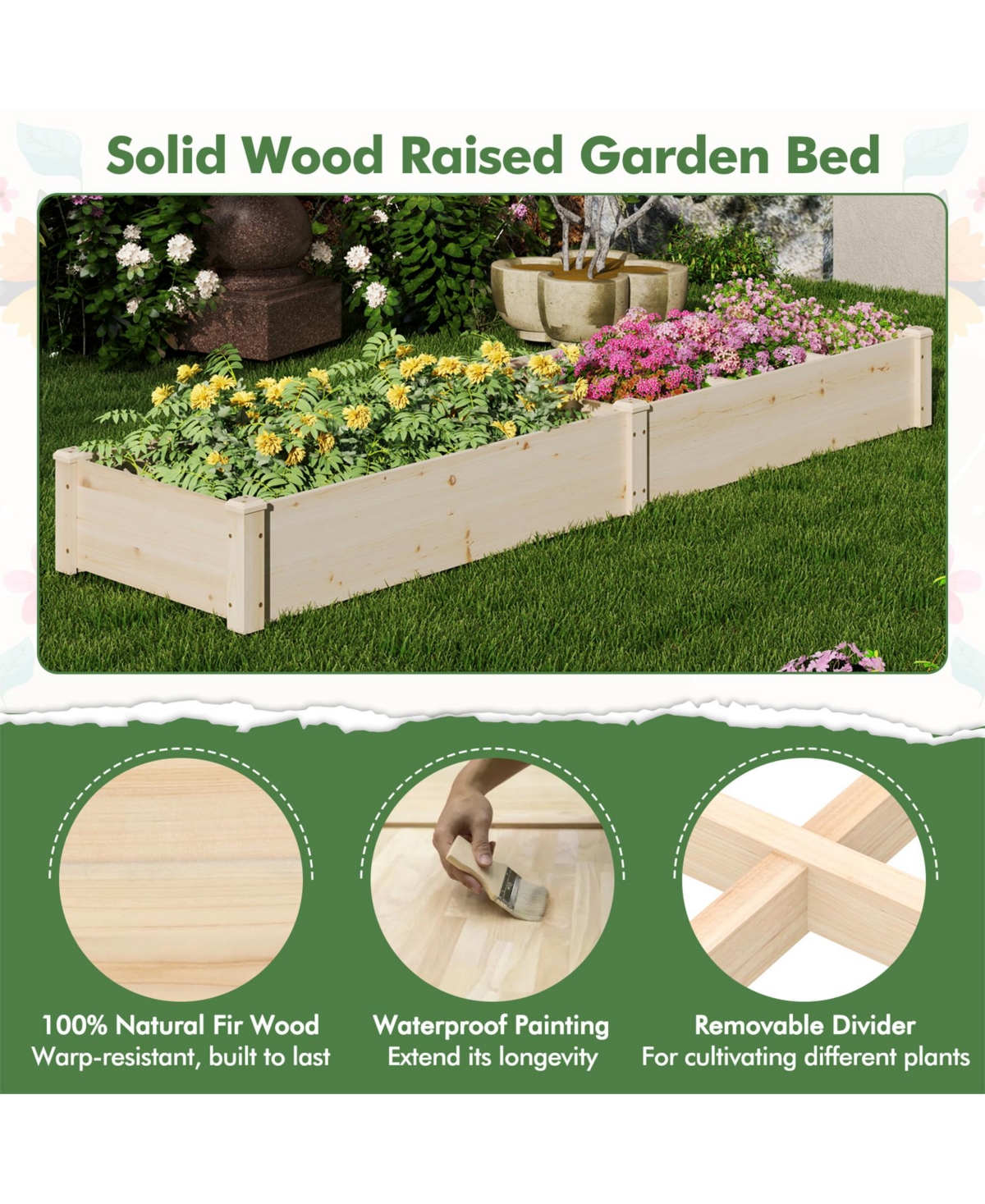 Sugift Wooden Raised Open-Ended Base Garden Bed with 2 Planter Boxes Divider-Natural