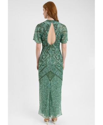 Women's Embellished Sequin Beaded With Short Flutter Sleeves Maxi Dress