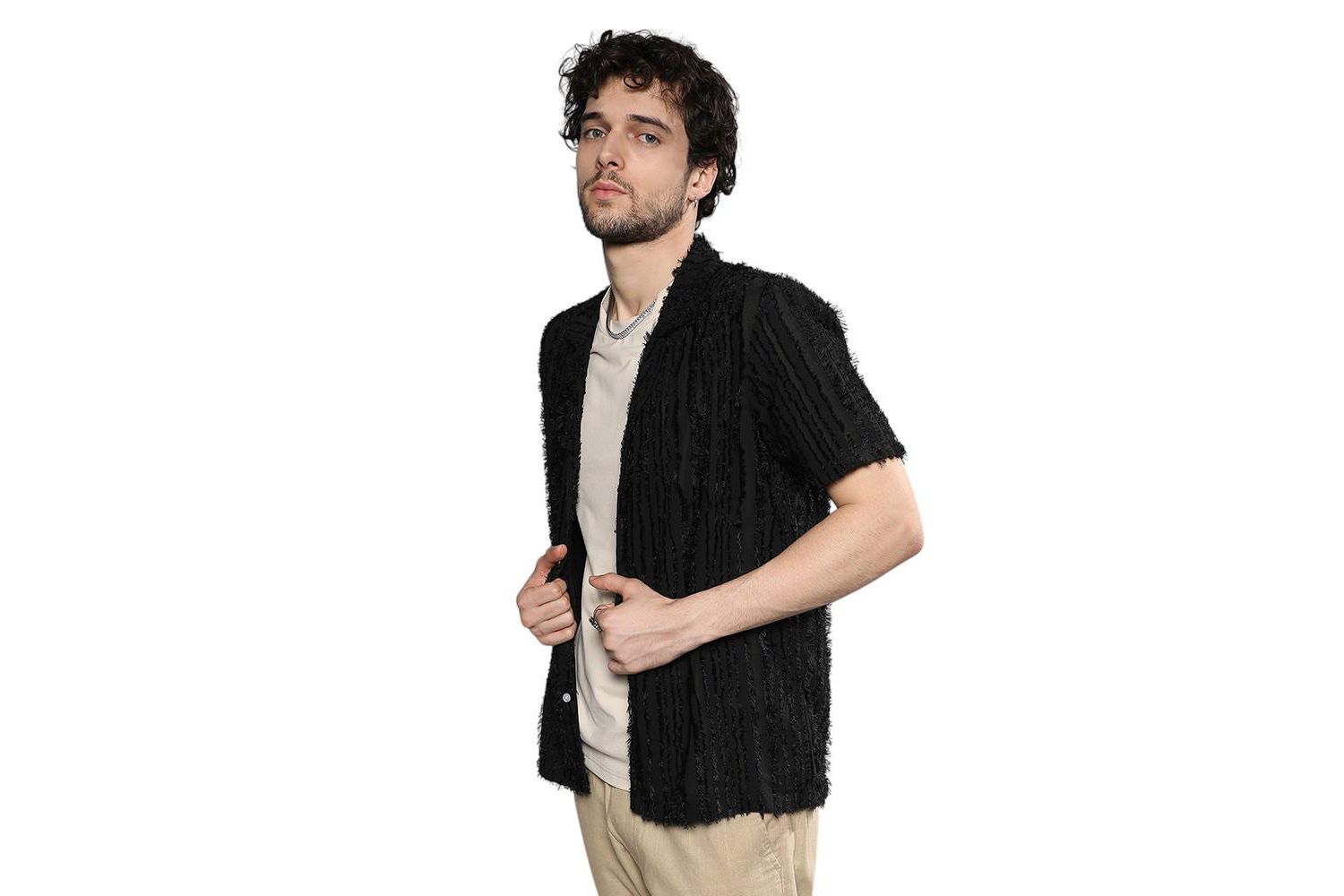 Men's Jet Black Fleece Striped Shirt