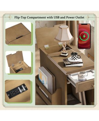 U-Can Vintage Flip Top End Table with USB Ports Multifunctional Drawer and Bookshelf