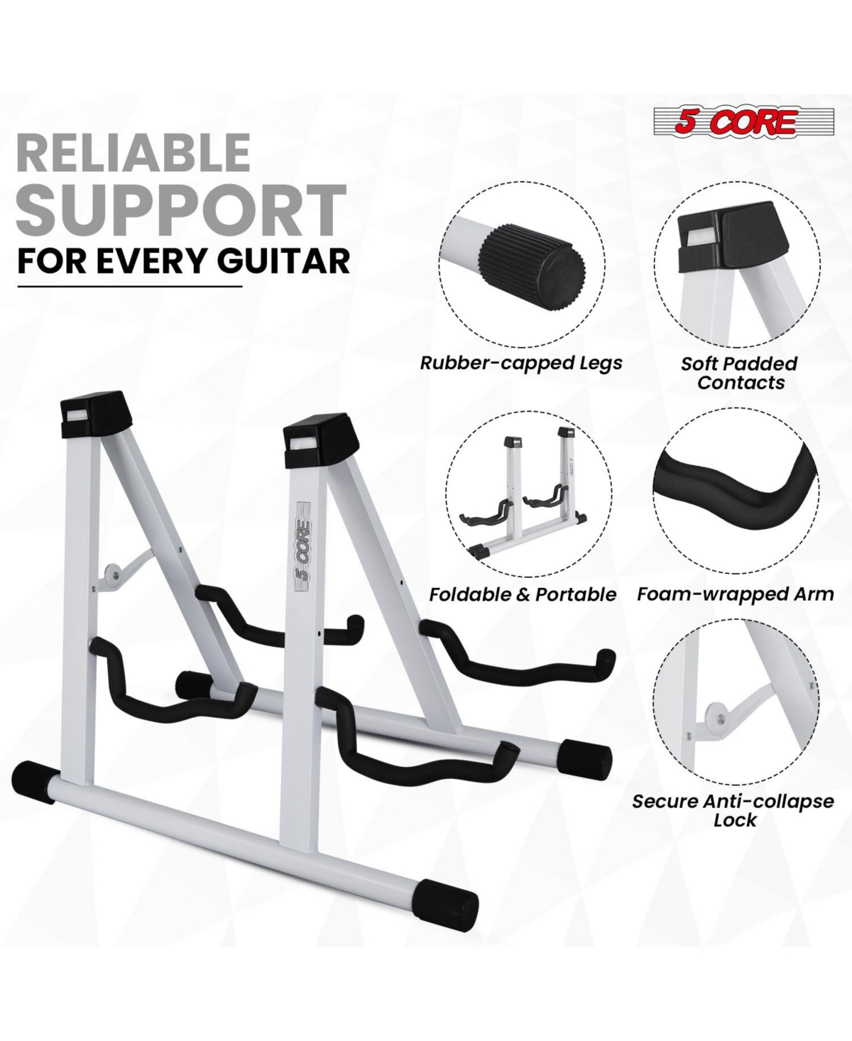 5 Core Double Guitar Stand Floor Adjustable A Frame Folding Acoustic Electric Guitars Holder Stands Gss 2N1 Wh