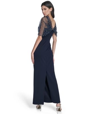Women's Spaghetti Strap Beaded Twist Overlay Gown