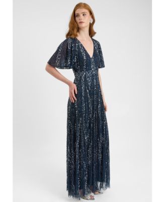 Women's Embellished Sequin Beaded Maxi Dress With Flutter Sleeve