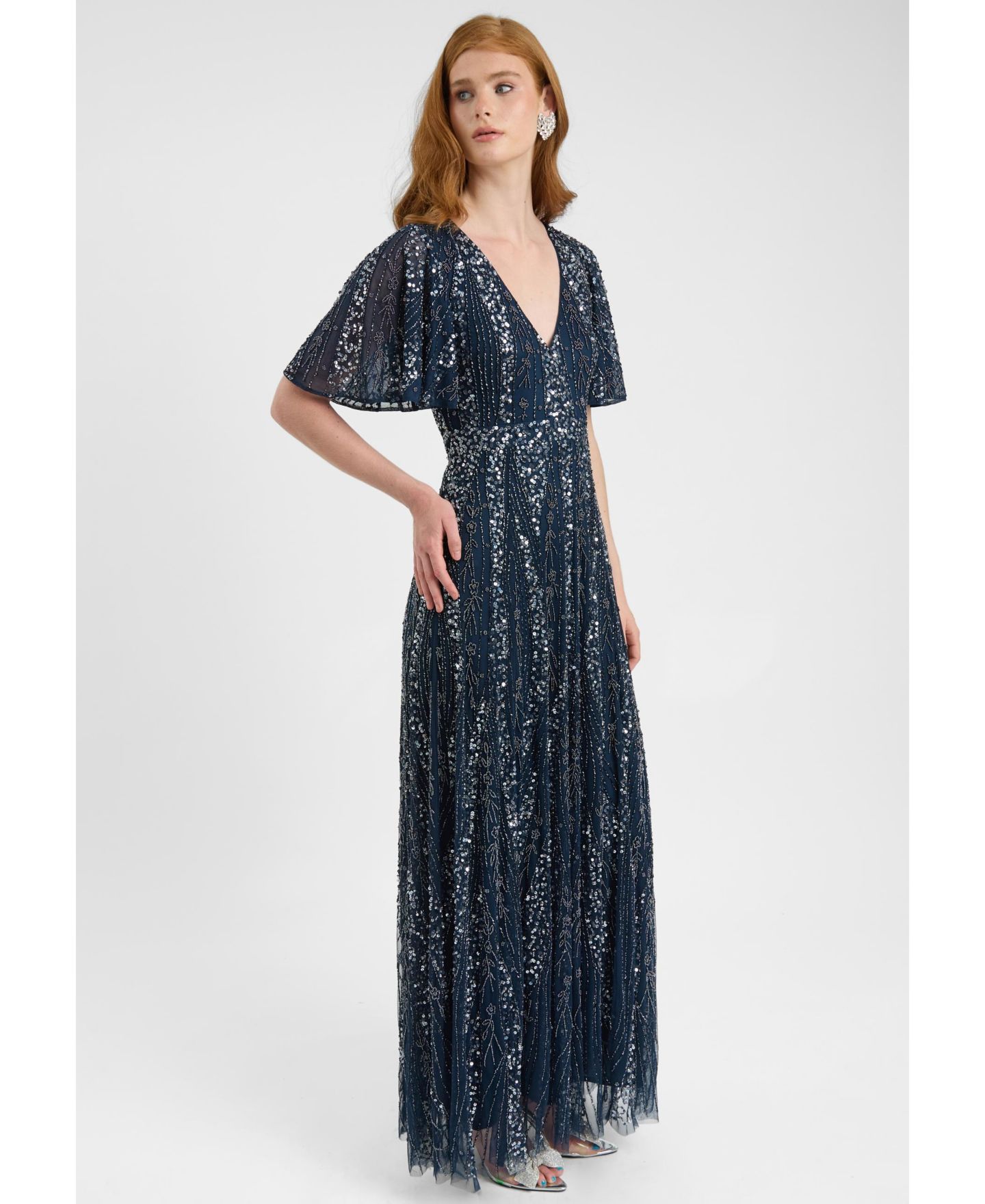 Женское платье BEAUUT Embellished Sequin Beaded Maxi Dress With Flutter Sleeve, цвет: Тёмно-синий — фото 2