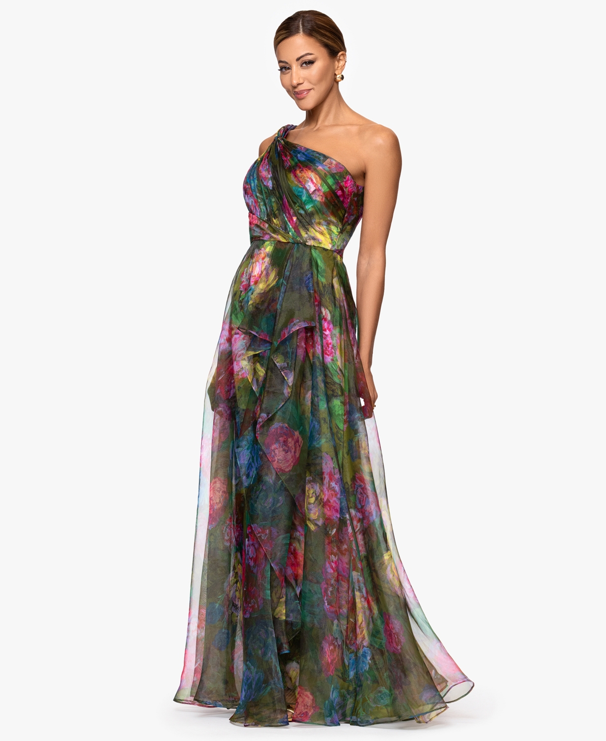 Xscape Women's Printed One-Shoulder Long Dress