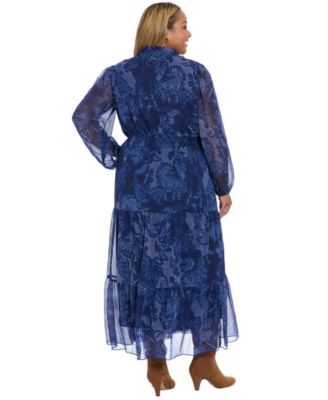 Plus Size Printed Long-Sleeve A-Line Dress