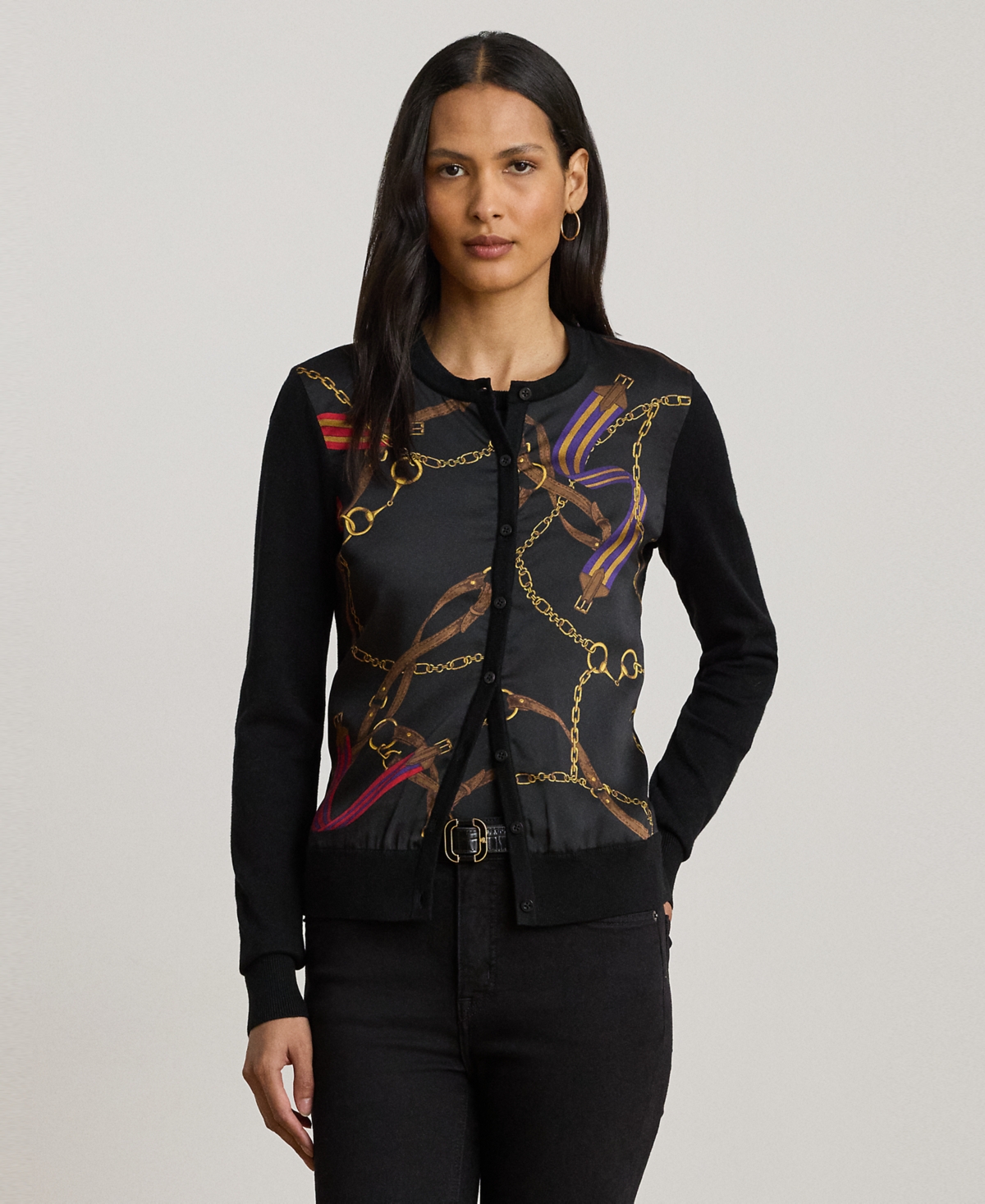 Ralph Lauren Petite Belting-print Long-sleeve Cardigan Sweater In Multi