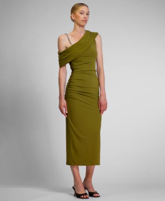 Women's Asymmetrical Drape Beaded Strap Midi Dress