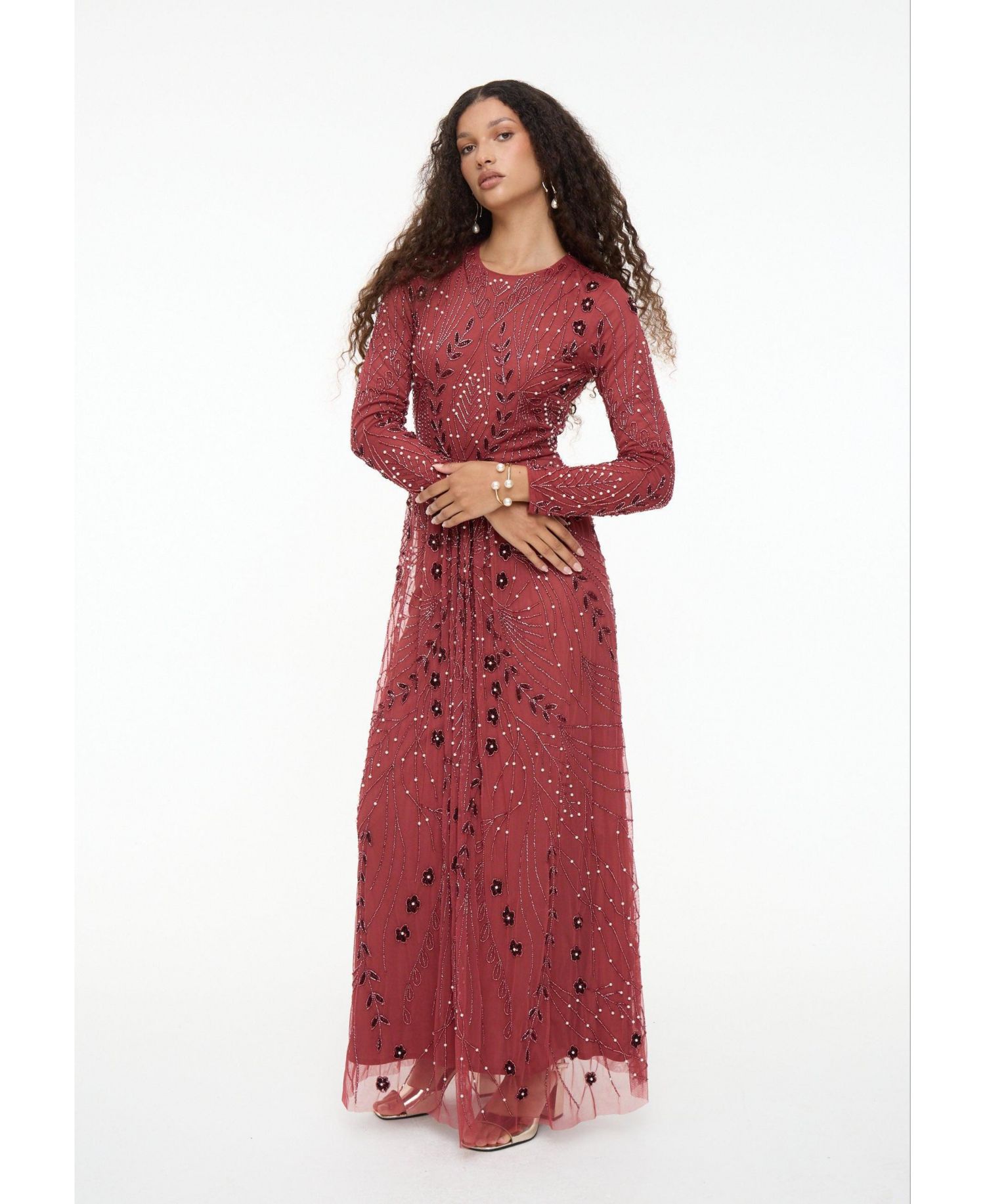 Women's Modest Embellished Sequin Beaded Dress Maxi With Designer Bottom