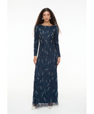 Women's Modest Embellished Sequin Beaded Dress Maxi With Detailed Work