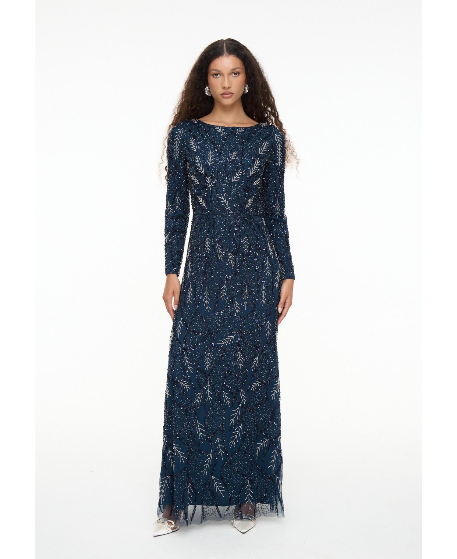 Women's Modest Embellished Sequin Beaded Dress Maxi With Detailed Work