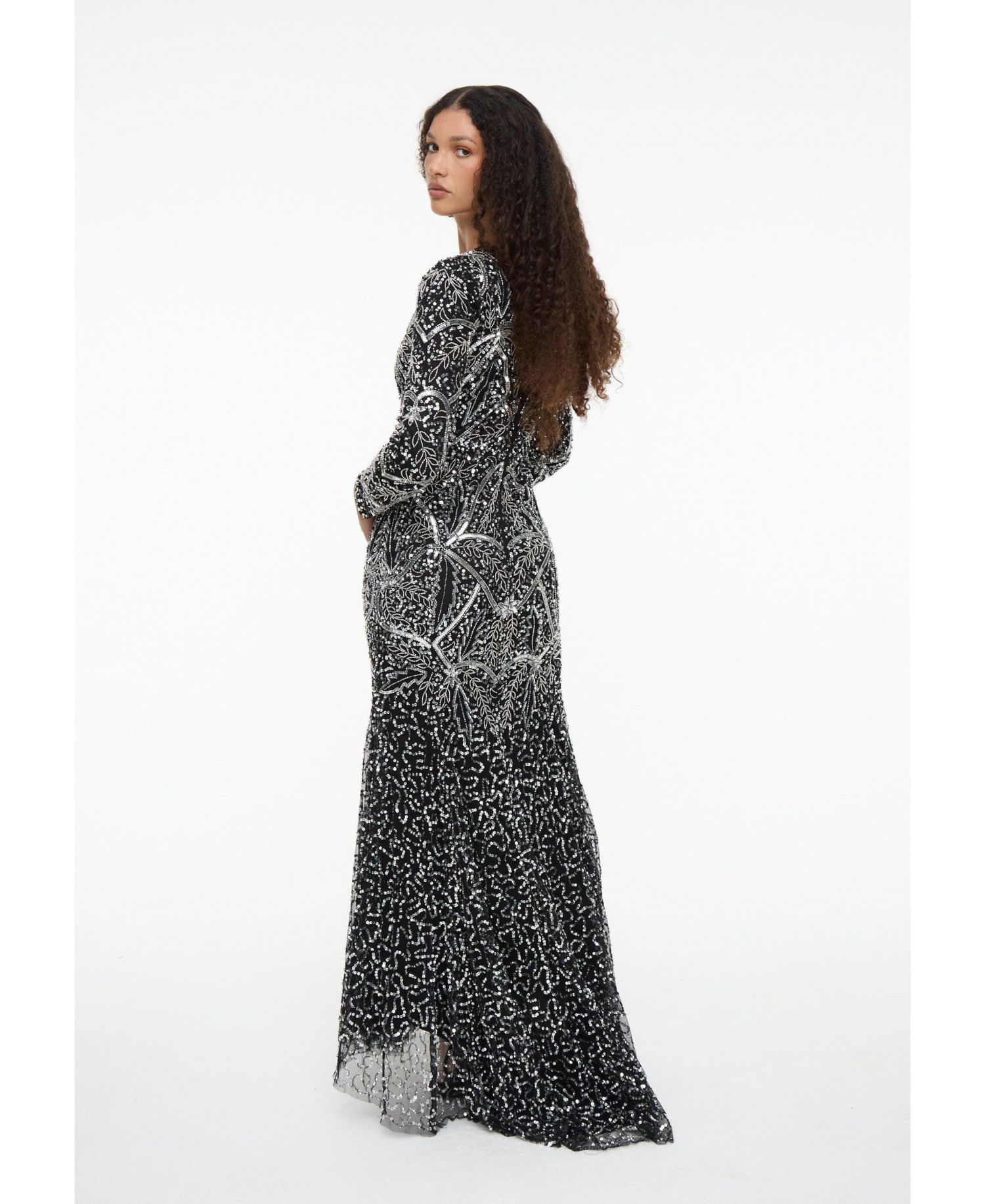 Women's Modest Embellished Sequin Beaded Dress Maxi With Fit Bodice and Trail