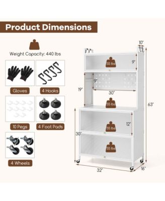 5 Tier Kitchen Bakers Rack Flip Door Cabinets Pegboard & Hooks