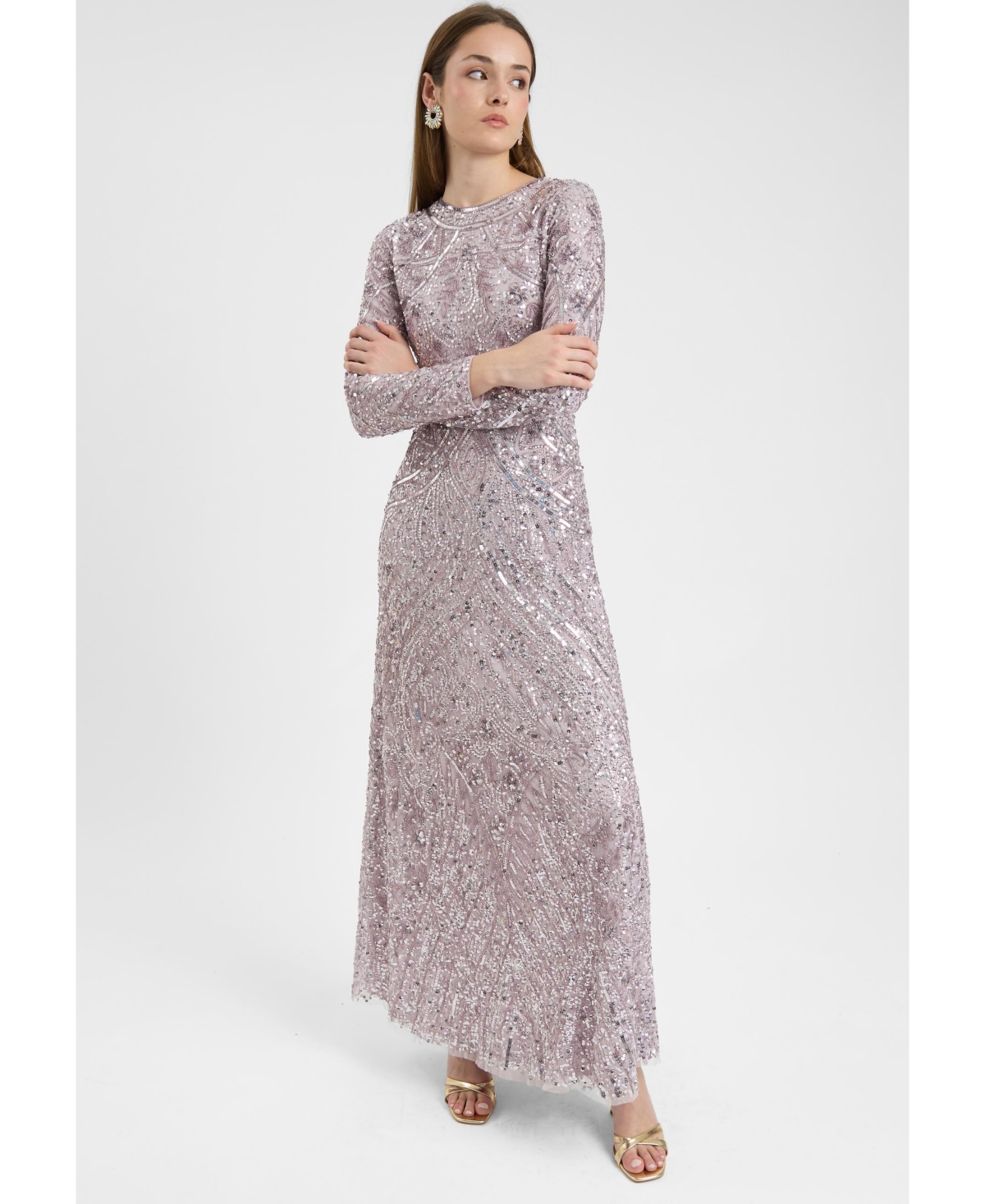 Maryisa Women's Modest Embellished Allover Sequin Beaded Dress Maxi