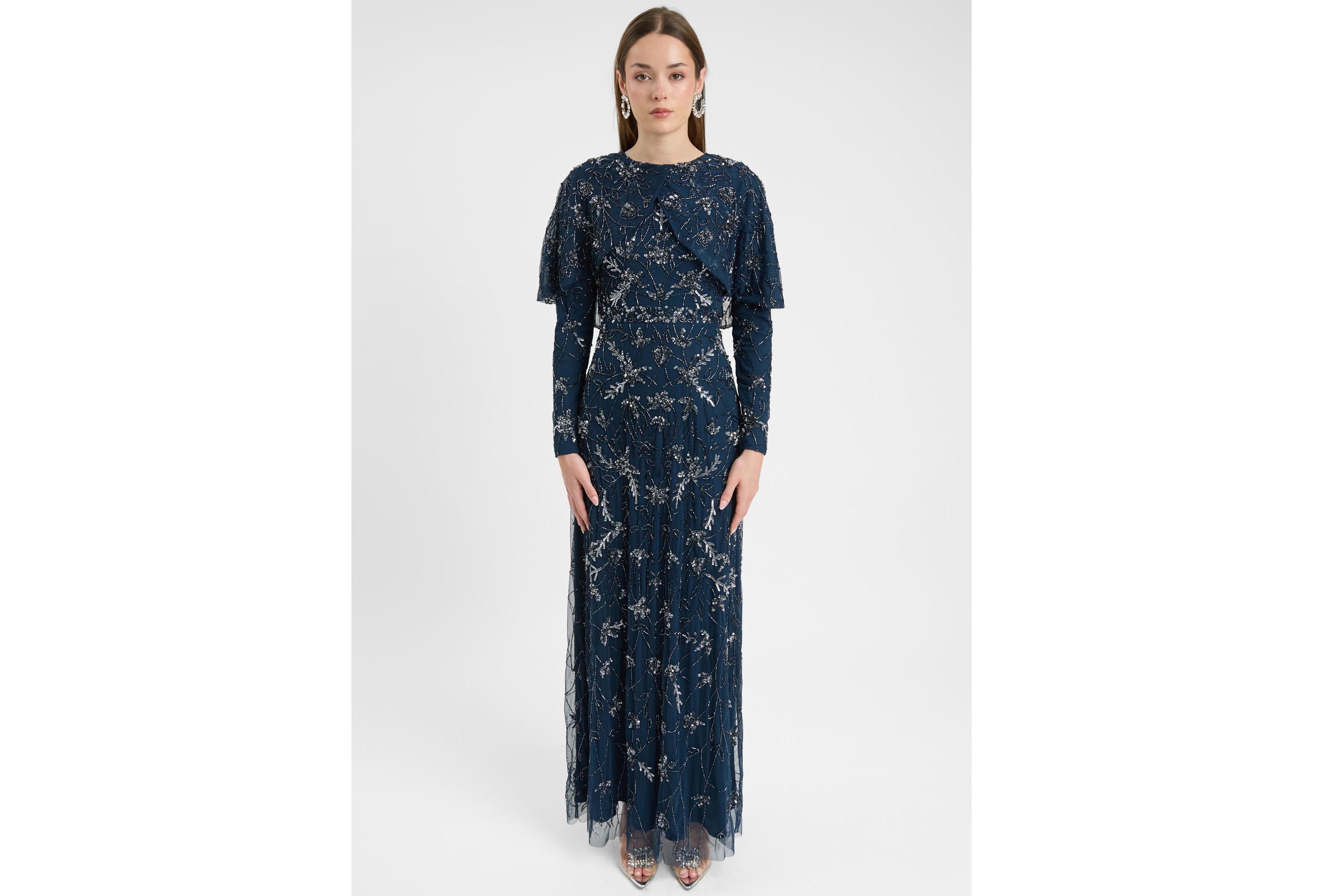 Maryisa Women's Modest Embellished Sequin Beaded Dress Maxi With Attached Cape