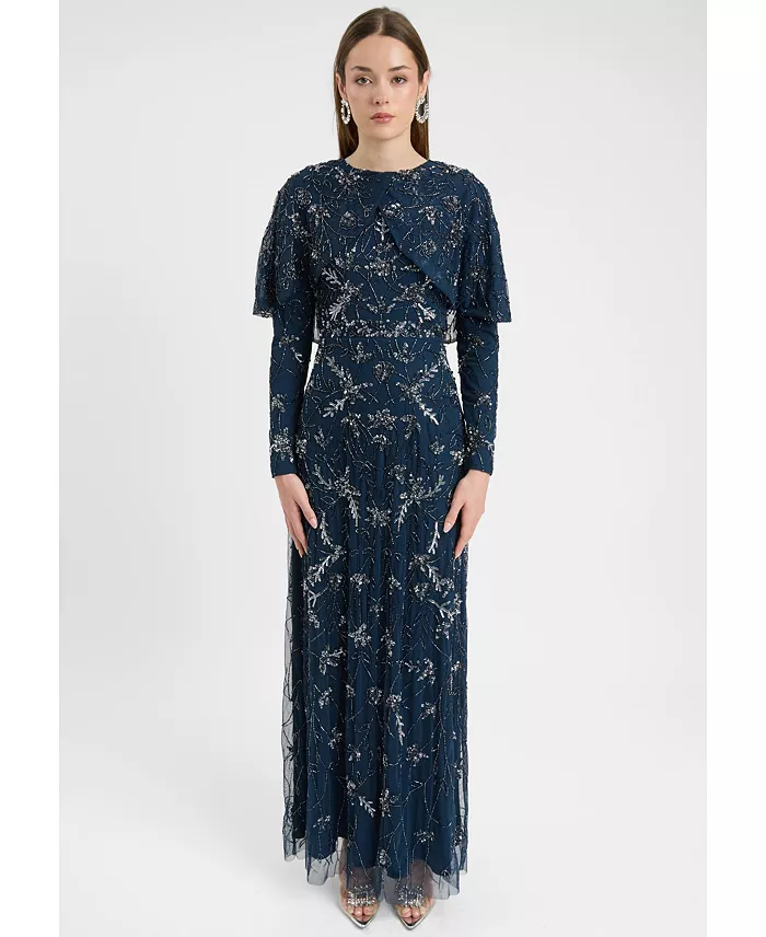 Women's Modest Embellished Sequin Beaded Dress Maxi With Attached Cape
