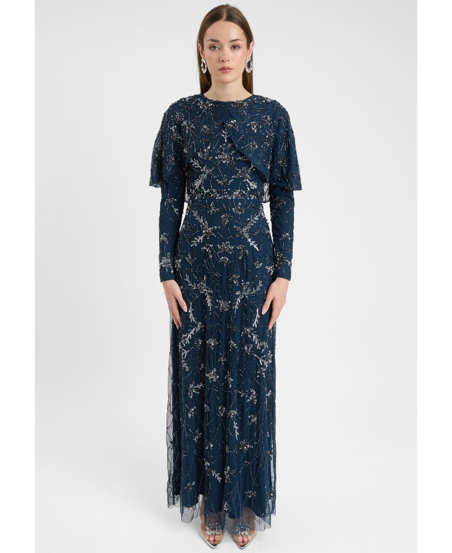 Women's Modest Embellished Sequin Beaded Dress Maxi With Attached Cape