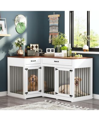 Corner Dog Crate Furniture with 2 Drawers, Space-Saving Dog Kennel Cage