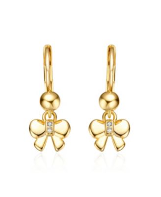 14K Gold Plated Bow Dangling earrings with Cubic Zirconia For Kids