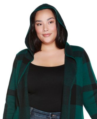 Plus Size Hooded Plaid Coatigan Sweater