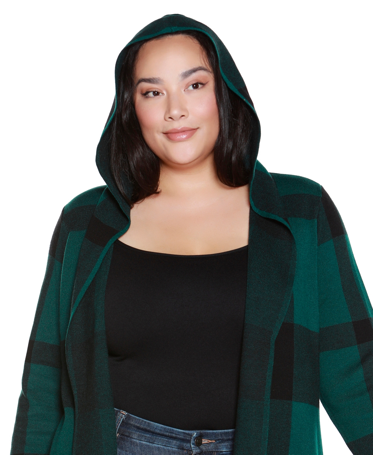 Belldini Plus Hooded Plaid Coatigan Sweater