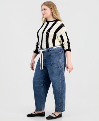 Trendy Plus Size Tie-Waist Barrel Jeans