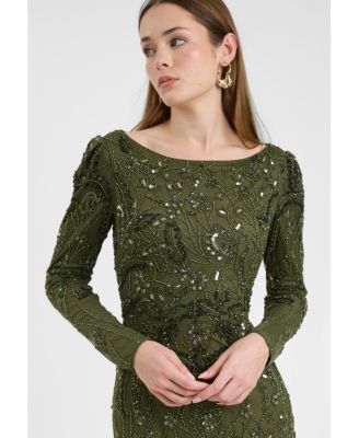 Women's Modest Embellished Sequin Beaded Dress Maxi With Wide Neck