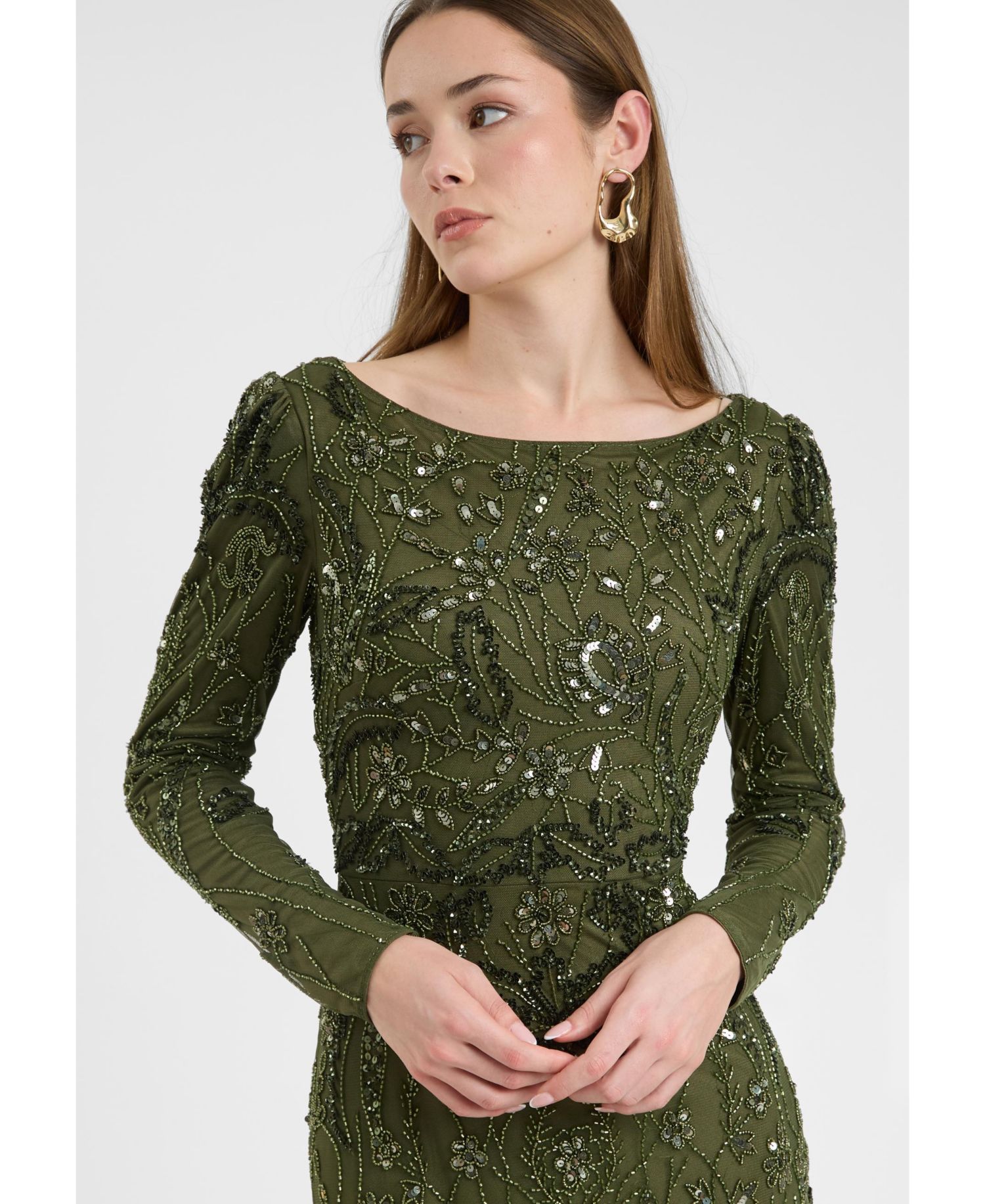 Women's Modest Embellished Sequin Beaded Dress Maxi With Wide Neck