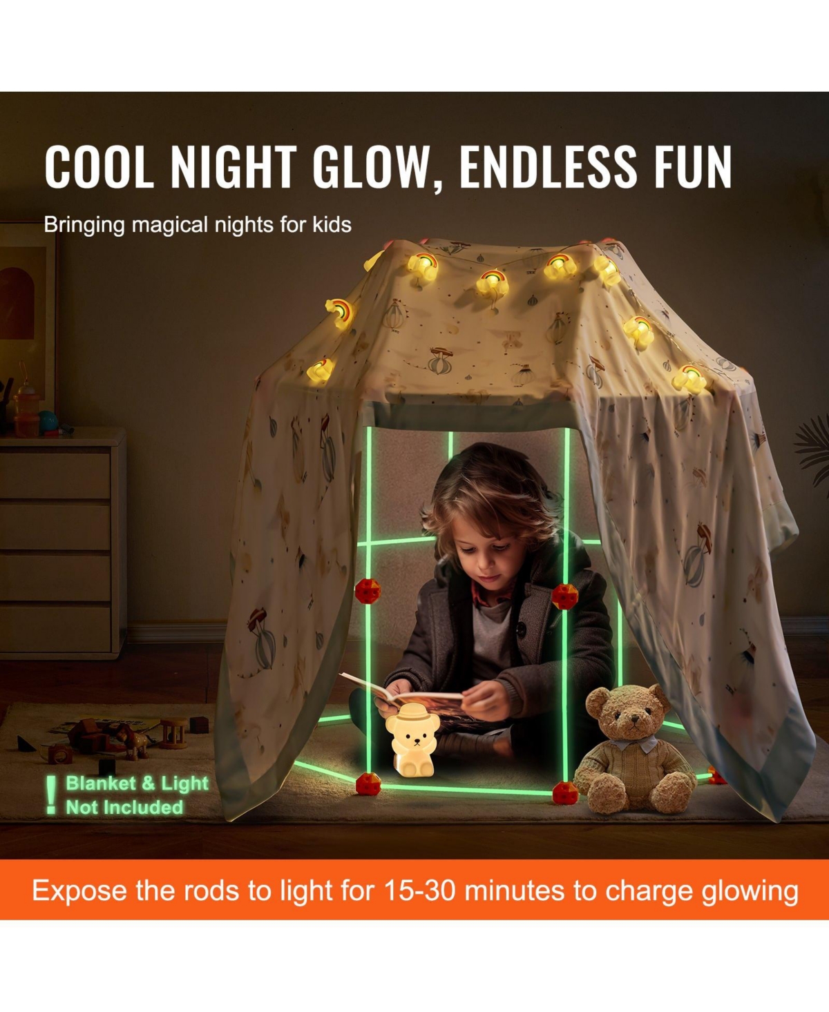 Mecale Fort Building Kit for Kids, 85 Pcs Glow-in-the-Dark Stem Construction Set with 55 Rods & 30 Balls, Educational Toy for Kids 4–8+