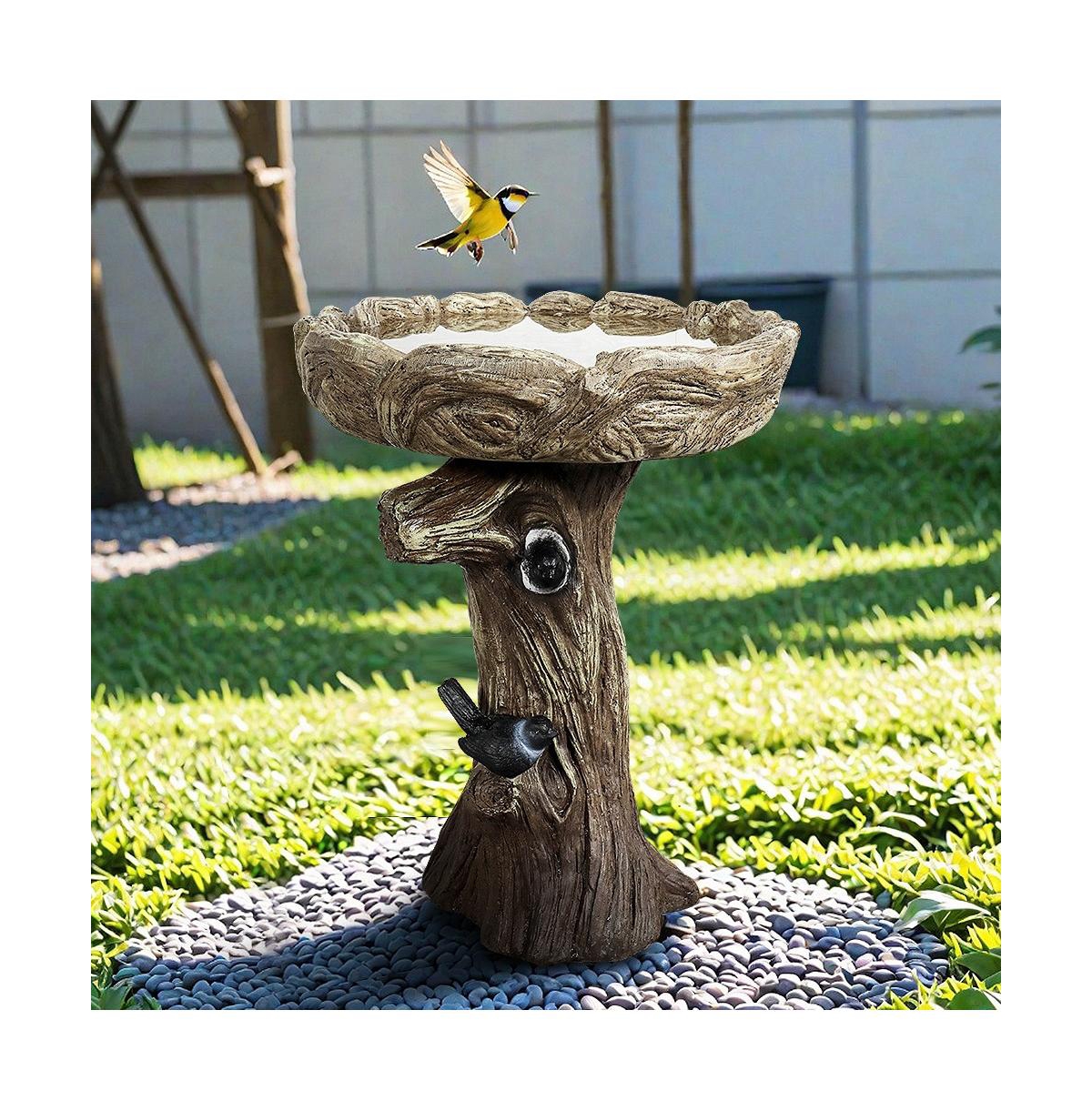 SunJet 23 Inch High Wood-Look Concrete Bird Bath with Decorative Faux Bird – Birdbath Rustic & Long-Lasting Design, Enhances Garden